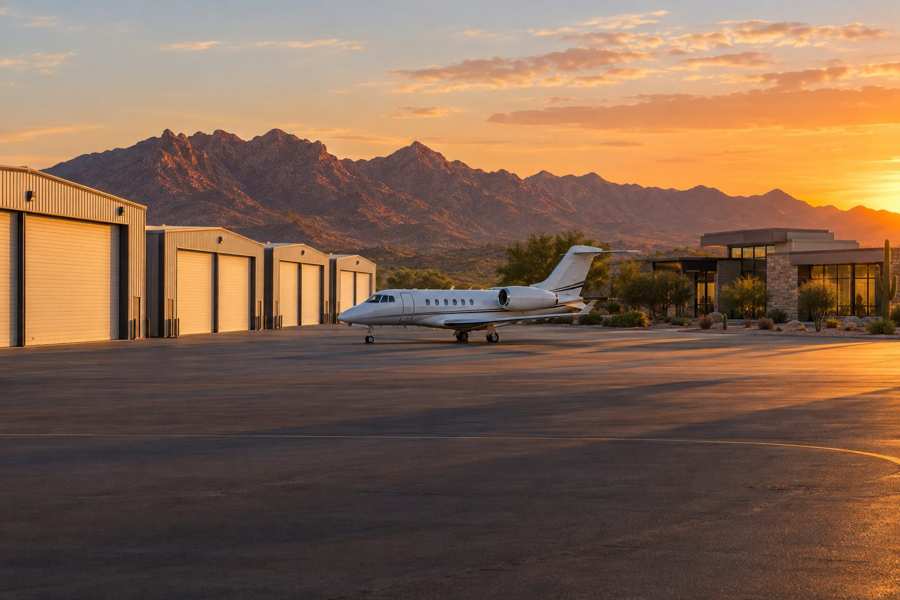 Small general aviation airport in Arizona with a row of private hangars, a parked corporate jet on the apron and low modern office buildings, with desert mountains behind at golden hour