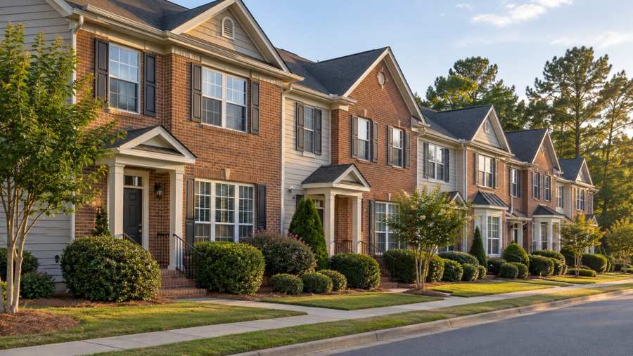 Row of two-story brick and siding townhouses with black shutters, small porches with white columns, trimmed shrubs and crape myrtles along a sidewalk in late afternoon light, with pine trees behind
