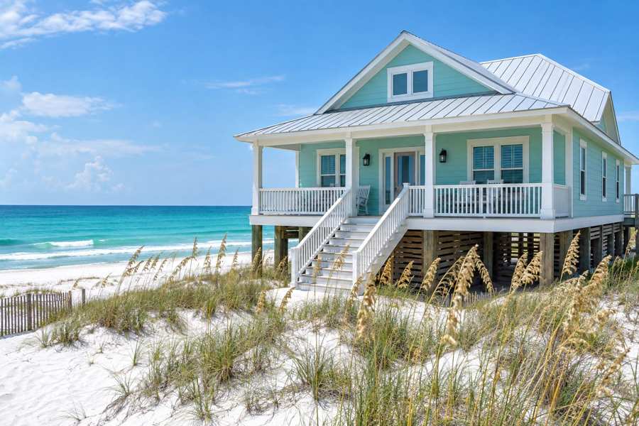 Seafoam green wood beach cottage with a metal roof and a wide front porch raised on pilings, with sea oats and white sand dunes and blue water behind it
