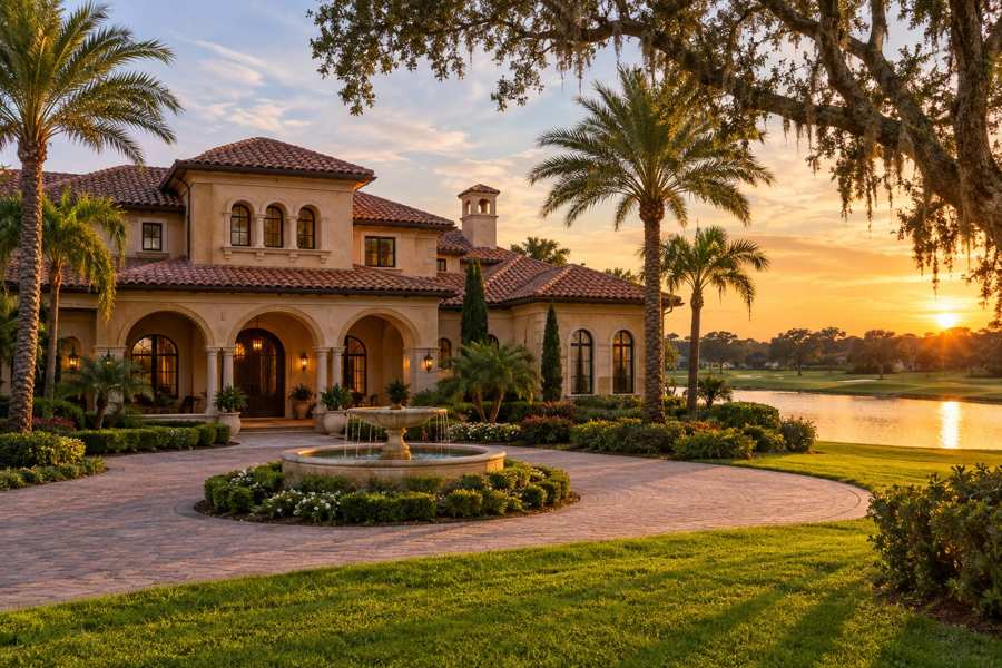 Large Tuscan style stucco villa with a terracotta tile roof and an arched loggia, a stone fountain in a paver drive circle, palms and a live oak draped in Spanish moss and a lake with a golf fairway beyond at sunset