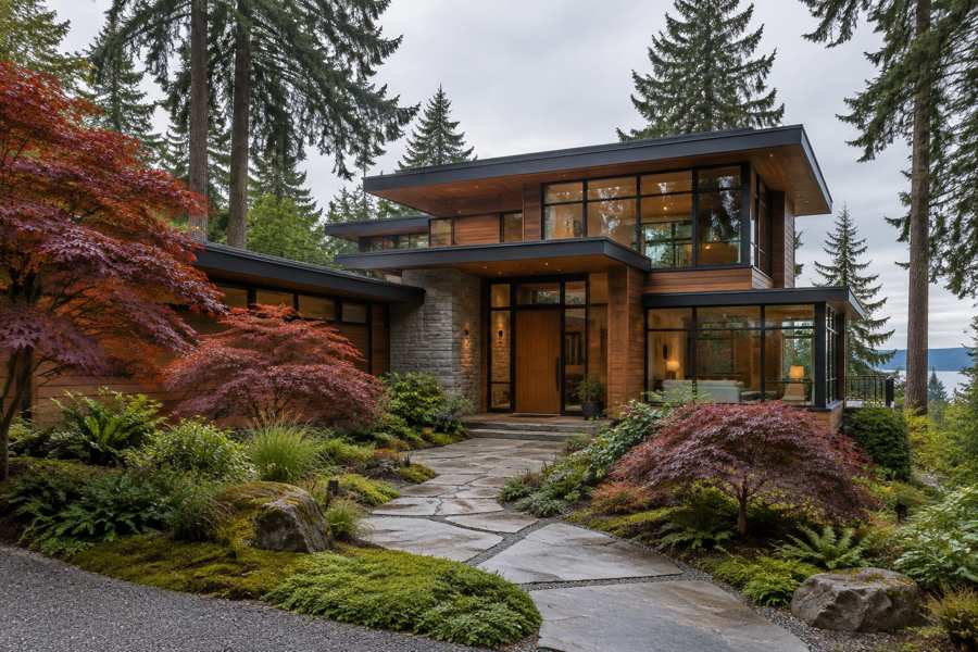 Illustrative modern wood-and-stone house with large windows, low rooflines, a stone path, red-leaf trees and tall conifers.