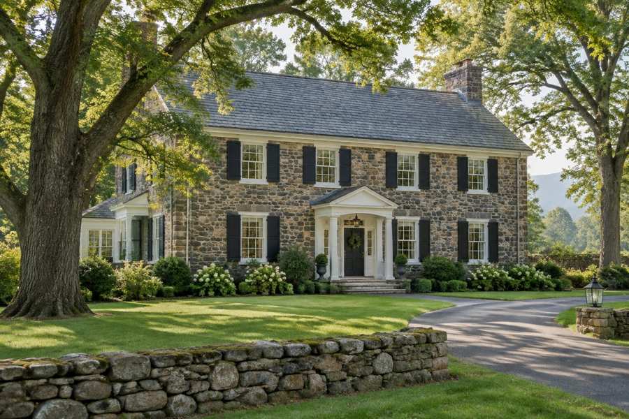 Two-story fieldstone Georgian house with a slate roof, white trim, black shutters and a columned entry, set behind a low moss-covered stone wall and a mown lawn under mature oak trees, with a curved driveway