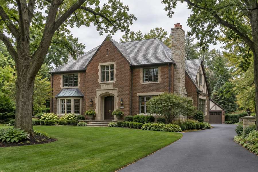Stately red brick Tudor-style house with a slate roof, a stone chimney and a half-timbered garage wing, mature oak trees, a clipped lawn and a curved driveway under a soft grey sky