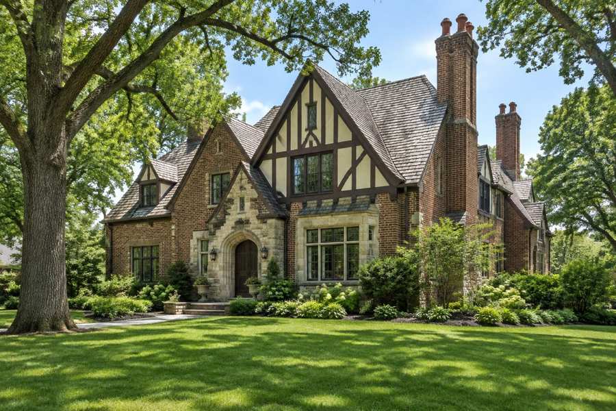 Tudor revival house of red brick, pale stone and half-timbered gables, with a slate roof, tall brick chimneys and an arched wooden door, set behind a mown lawn and garden beds under large mature oak trees in summer