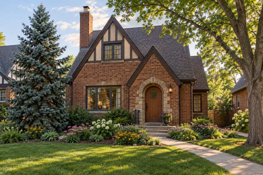 Red brick Tudor Revival cottage with a steep gabled roof, a stone arched wooden front door, flower beds, a tall blue spruce on the left and a large shade tree on the right
