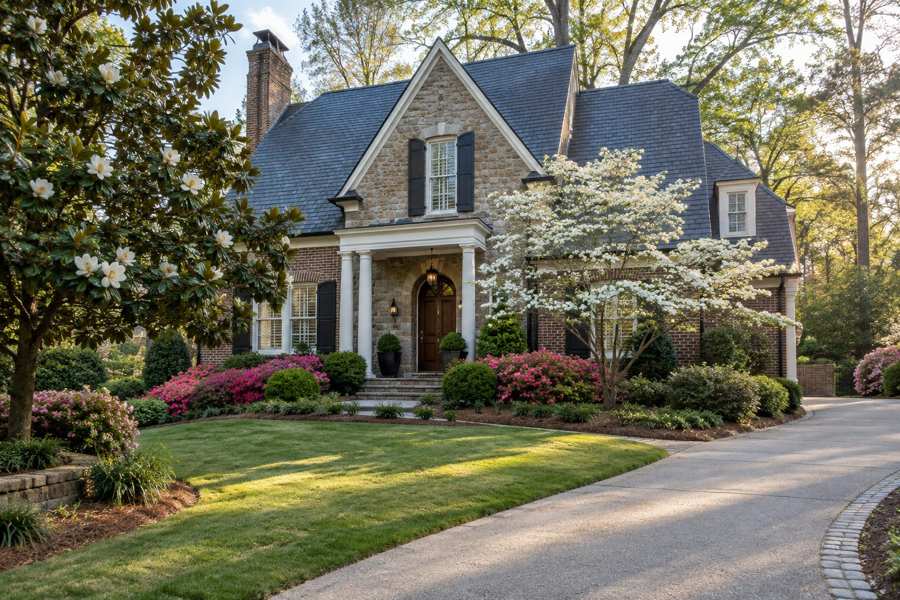 Georgia brick and stone house with a steep slate roof and white columns, a landscaped yard with azaleas, a magnolia and dogwood trees and a curving driveway in late afternoon light