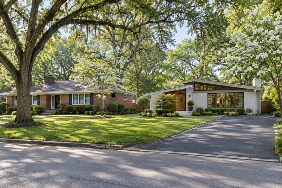 Red brick ranch house with navy shutters beside a white brick mid-century modern house with an angled roof and a wood front door, with large oaks, white flowering dogwoods, a lawn and an asphalt driveway on a quiet street