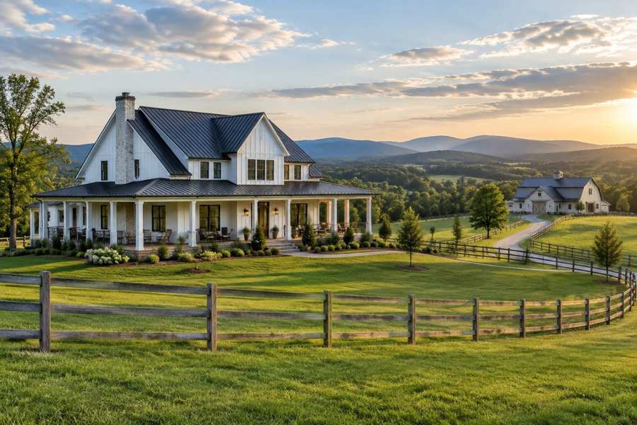 White board and batten modern farmhouse with a black metal roof and wraparound porch on rolling green acreage, a split rail fence, a barn in the distance and hills at the horizon in late afternoon light