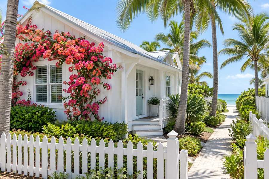 White clapboard cottage with a pitched roof, a climbing pink and orange bougainvillea, a white picket fence, a brick path and tall palm trees, with the ocean visible in the distance under a blue sky