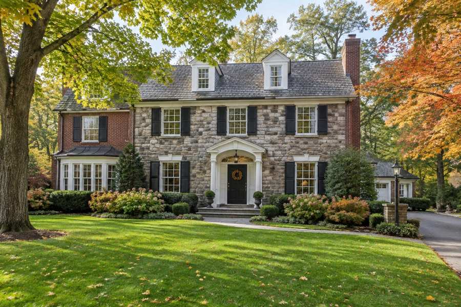 Two-story brick and fieldstone colonial house with black shutters, dormer windows, a white columned entry, a manicured lawn and autumn trees in orange and gold