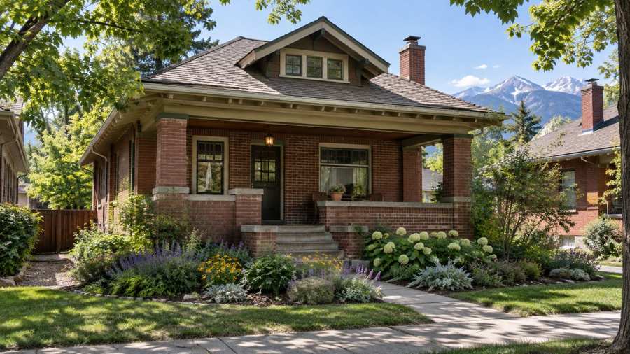 Red brick Denver bungalow with a deep front porch, tidy garden and a mature maple, on a tree-lined street in early autumn