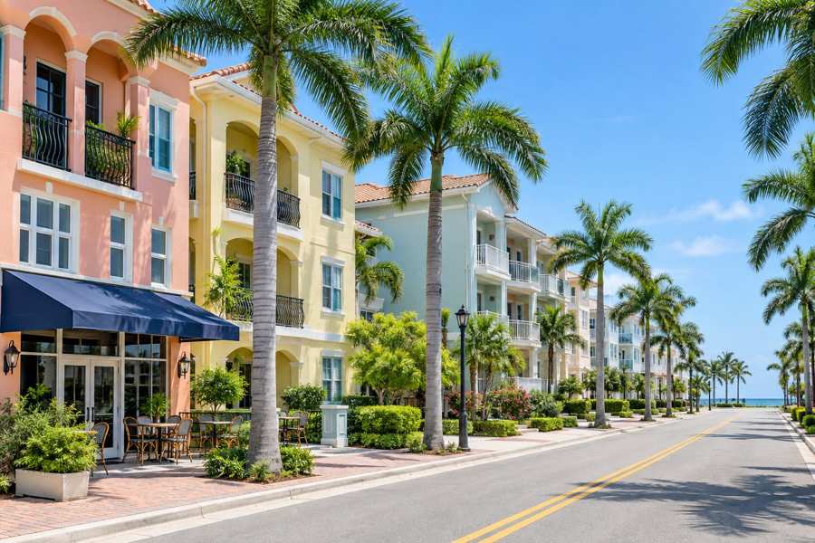 Pastel Mediterranean style townhomes and low-rise condominiums with balconies along a walkable street lined with royal palms, with a cafe awning and a clear blue sky