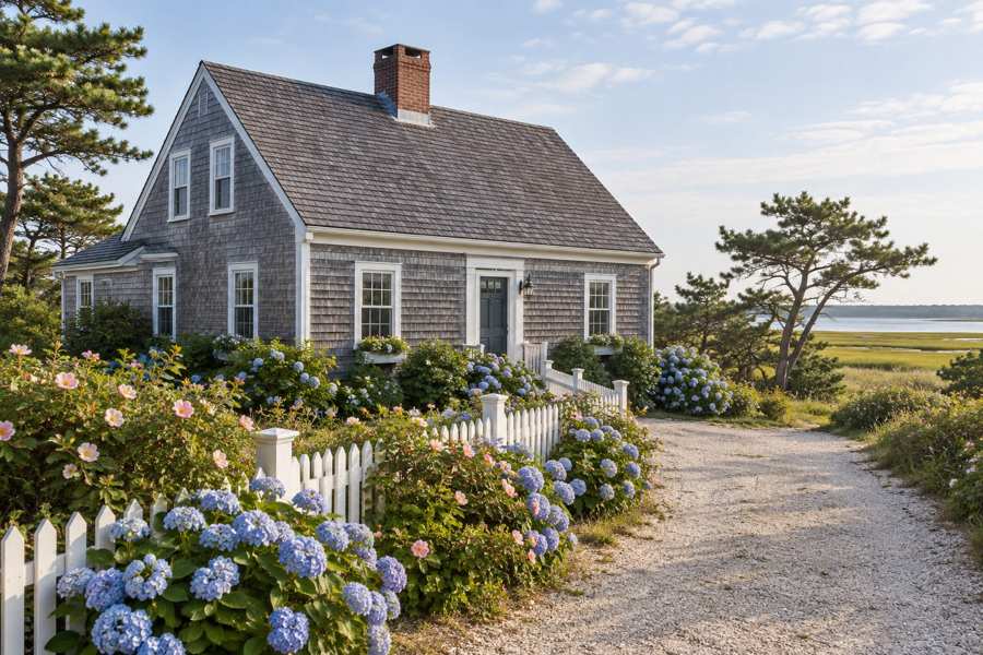 Weathered gray cedar shingle Cape Cod cottage with white trim, a central brick chimney and a steep roof, behind a white picket fence with blue hydrangeas and pink beach roses, beside a gravel drive, pine trees and a salt marsh