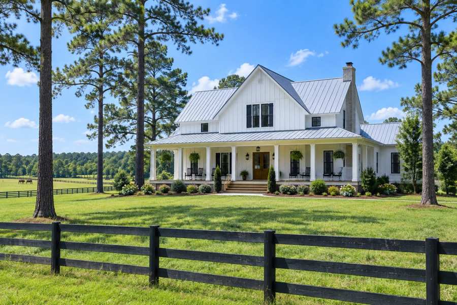 White board-and-batten farmhouse with a standing seam metal roof, a wide front porch with rocking chairs and a wooden door, set behind a green pasture and a black split-rail fence among tall pine trees under a blue sky