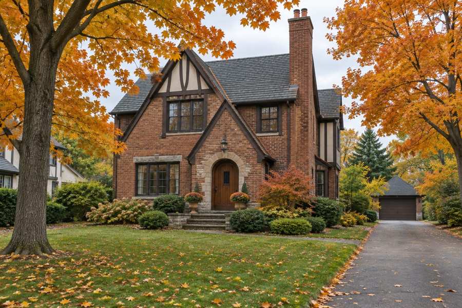 Two-story brick Tudor revival house with steep gables, a tall chimney and an arched wooden front door, set on a green lawn among sugar maples in orange autumn foliage