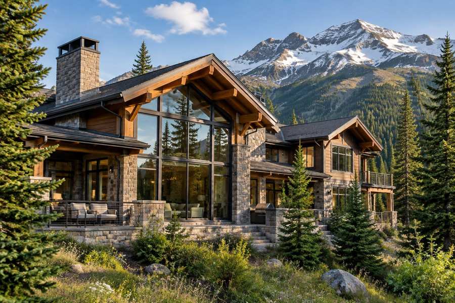 Large mountain home of timber and stone with a tall glass front, a stone chimney and covered porches, among evergreen trees with a snow-dusted peak behind it in late summer light