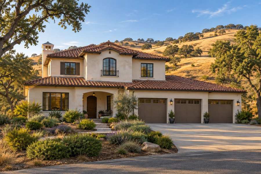 Illustrative cream stucco two-story house with a clay tile roof, arched entrance, three garage doors and dry-climate landscaping, with oak trees and golden hills beyond.