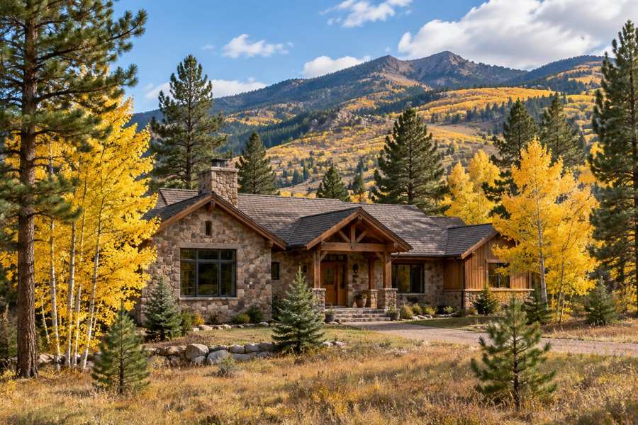 Stone and cedar ranch-style house with a timber front porch and a stone chimney among tall pine trees and bright yellow aspens, with a hillside of autumn gold and a rocky peak behind under a blue sky