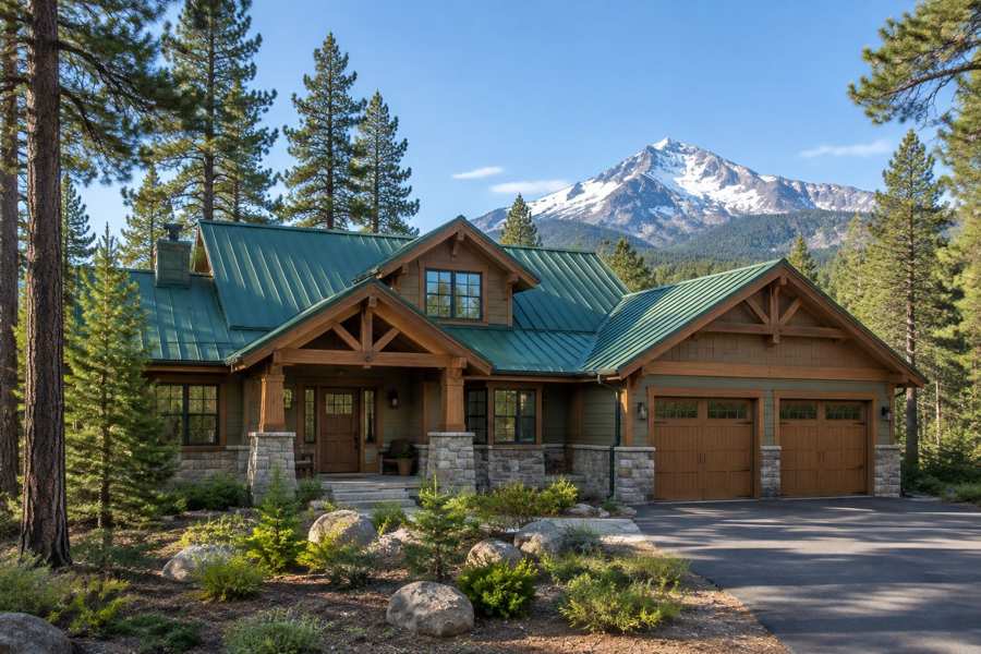 Single family mountain house with a green standing seam metal roof, stone and timber porch columns, a two car garage with wood doors and tall ponderosa pines, with a snow dusted peak under a clear blue sky behind
