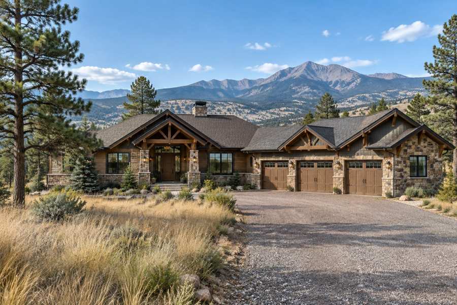 Large custom ranch-style house with stone and timber siding, a covered timber entry, a three-car garage and a gravel driveway, set among ponderosa pines and dry prairie grass with a mountain range under a blue sky