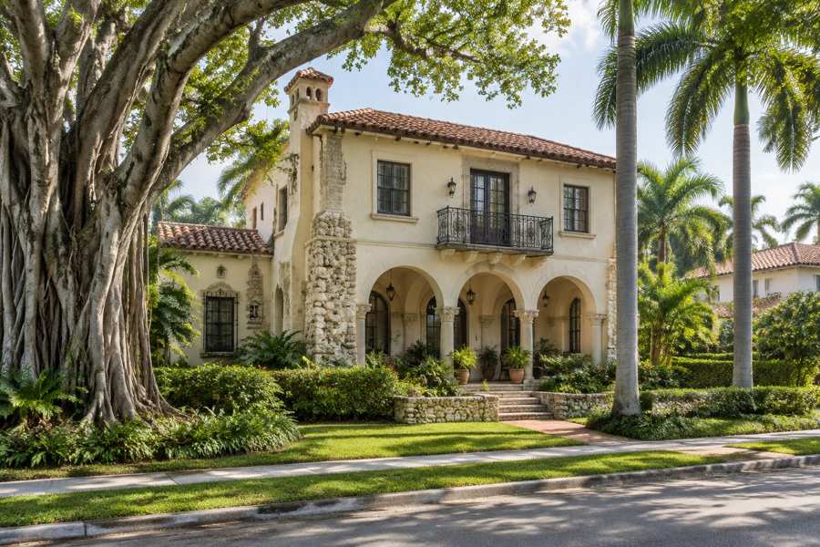 Cream stucco Mediterranean Revival house with a terracotta barrel tile roof, an arched loggia, a wrought iron balcony and coral rock stonework, set behind hedges and a large banyan tree on a street lined with royal palms