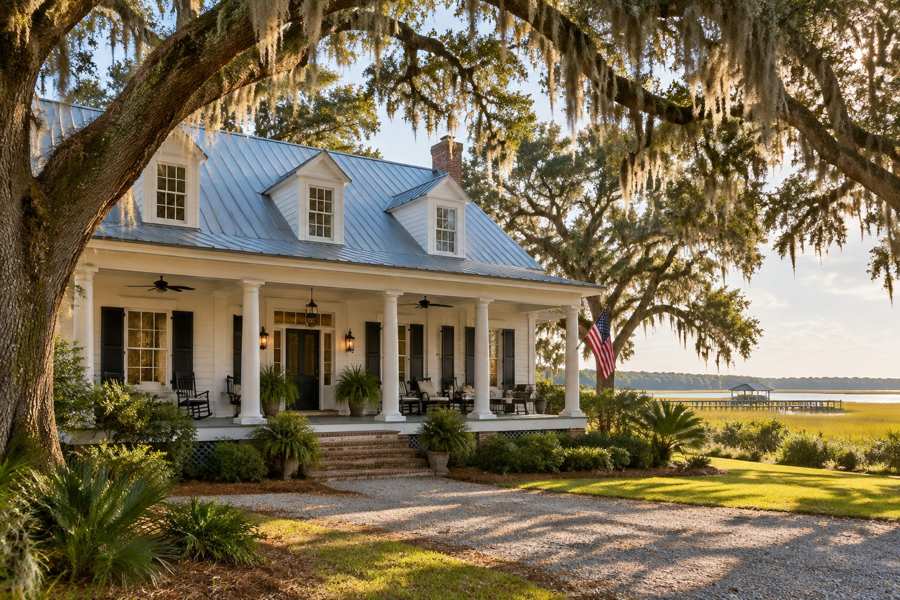 White Lowcountry house with a wide front porch, white columns, black shutters, dormer windows and a metal roof, shaded by large live oak trees hung with Spanish moss, with a marsh and a small dock beyond the lawn