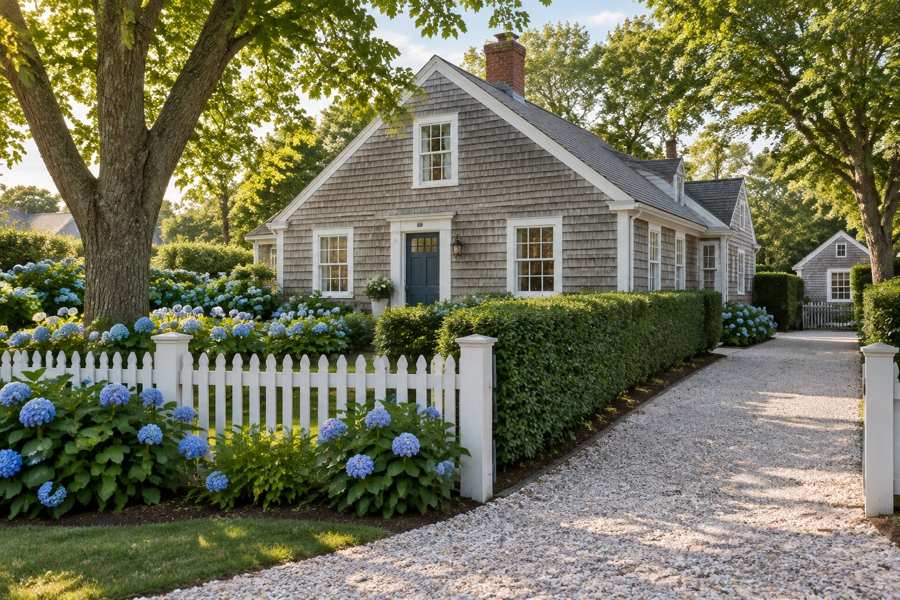 Weathered gray cedar-shingle cottage with white trim, a white picket fence, blue hydrangeas, a clipped hedge and a crushed shell driveway under mature maples