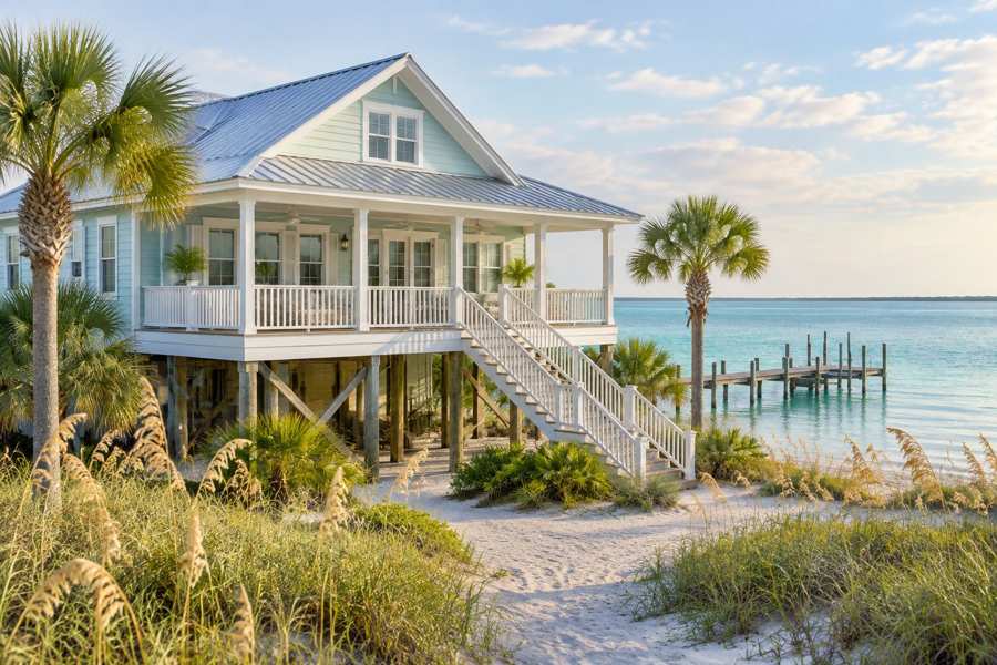 Pale blue coastal cottage raised on wooden pilings with a wide white railed porch, outdoor stairs and a metal roof, set among sea oats and palms on white sand beside calm turquoise water and a small wooden dock