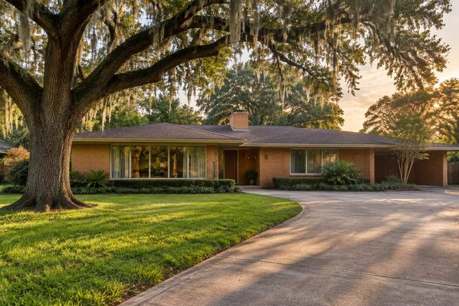Mid-century brick ranch house with a low hip roof, large front windows and a carport, set on a green lawn beneath a large live oak draped in Spanish moss, with a curving concrete driveway at sunset