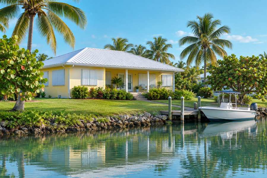 Single story pale yellow concrete block house with a white metal roof, a covered porch and white storm shutters on a green lawn beside a calm turquoise canal, with a small white boat at a wooden dock and coconut palms and sea grape trees