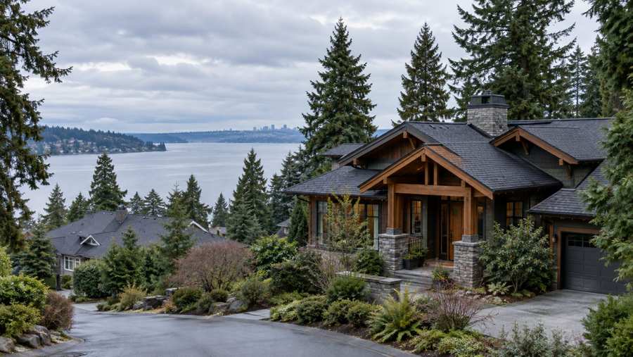 Craftsman style house with timber beams, stone columns and a dark shingle roof among tall evergreen trees on a hillside, with a grey lake and a distant city skyline under cloudy skies