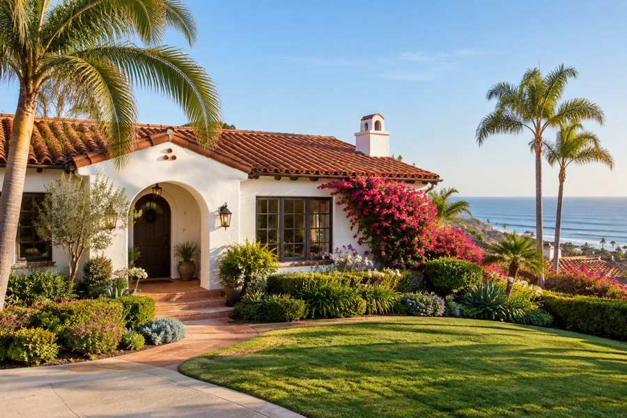 White stucco house with a red tile roof, an arched entry and a pink bougainvillea, with tall palm trees, a green lawn and the ocean visible in the distance under a blue sky