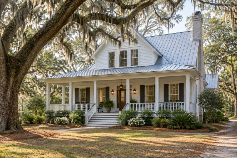 Generated illustration of a white Lowcountry house with a covered porch and metal roof beneath large trees. Not a verified Bluffton property or evidence of flood elevation.