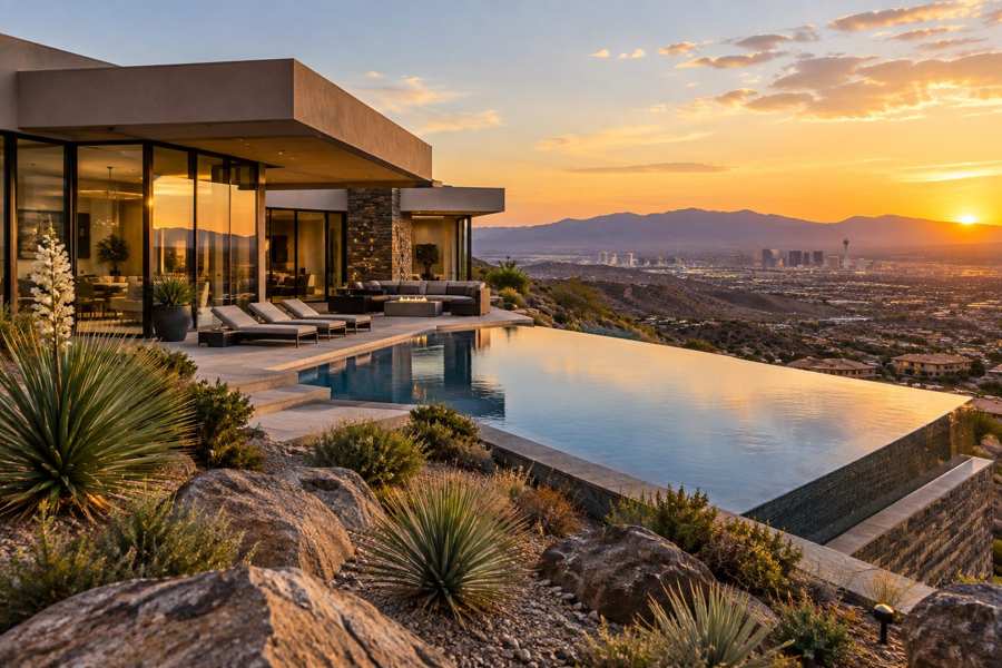 Modern hillside home with a flat roof, sand stucco and glass walls, an infinity pool terrace and desert landscaping, overlooking a wide valley and distant mountains at golden hour