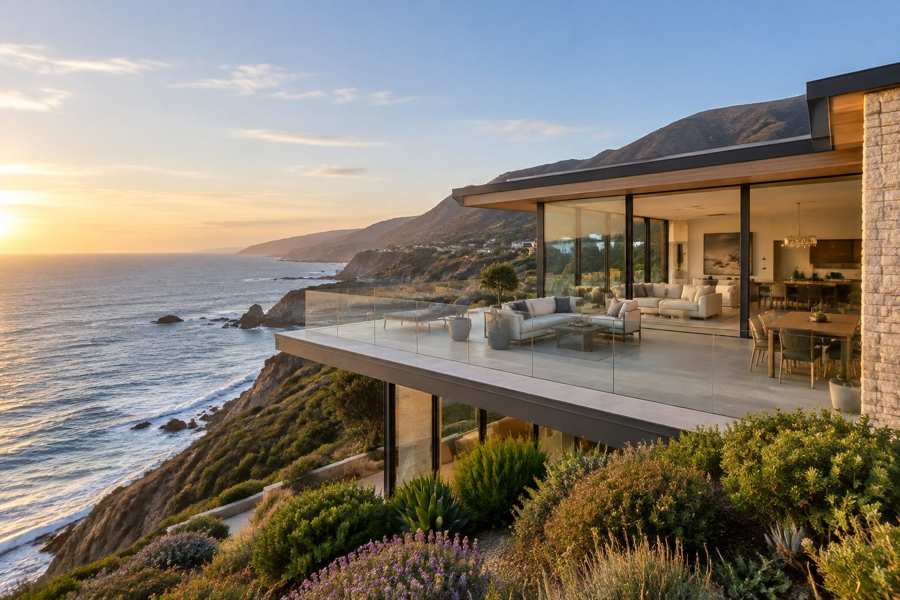 Illustrative glass-walled coastal house with a wide terrace on a bluff above ocean surf and rocks, a ridge beyond and a sunset sky.