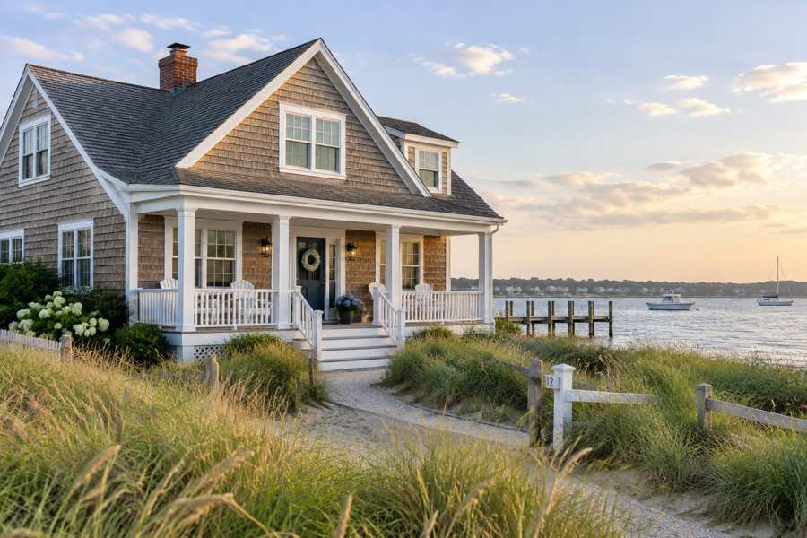 Cedar-shingled cape house with white trim, a covered front porch and a dormer window, set in dune grass beside a calm bay with a wooden dock, a motorboat and a sailboat under a sunset sky