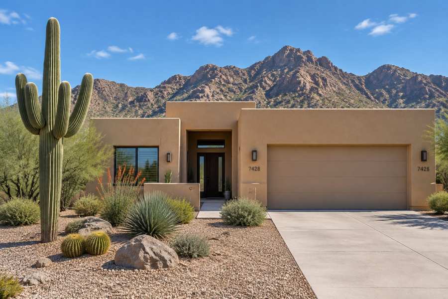 Single-story tan stucco desert home with a flat roofline, a dark front door, a two-car garage, a tall saguaro cactus, barrel cactus and agave in a gravel yard, with rocky mountains behind under a blue sky