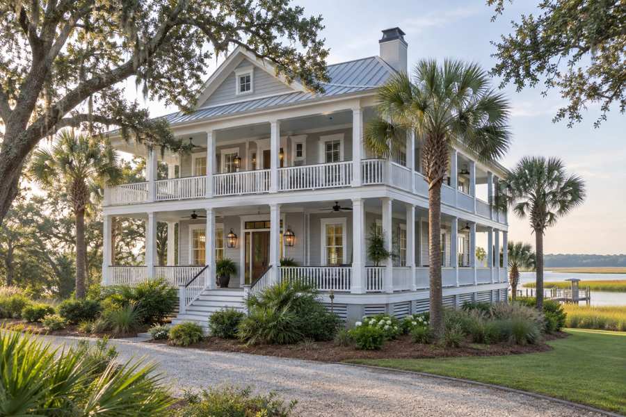 Soft gray clapboard Lowcountry house with a two-story wraparound piazza porch, white trim, a metal roof and gas lanterns, with palmetto trees and a live oak and a marsh creek behind it in morning light