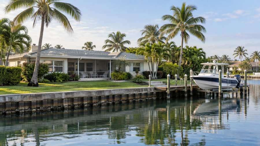 Low coastal house with a screened lanai beside a calm canal, with palms and a boat dock, in soft light
