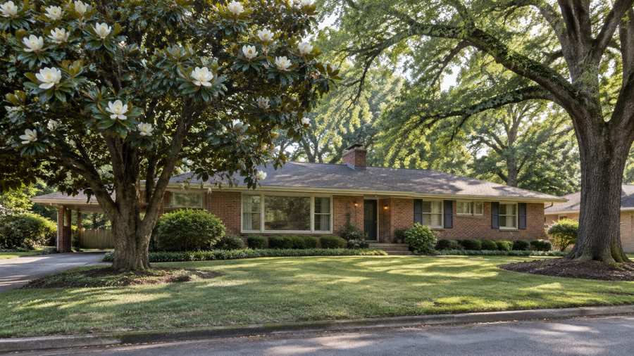 Mid-century brick ranch house with a flowering magnolia and mature oaks on a quiet Nashville street
