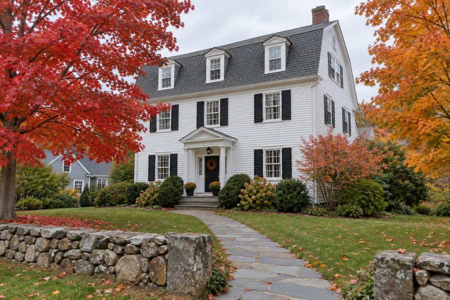 White clapboard Colonial Revival house with black shutters and a dormer, a fieldstone wall, red and orange maple trees in autumn and a slate front walk under soft light