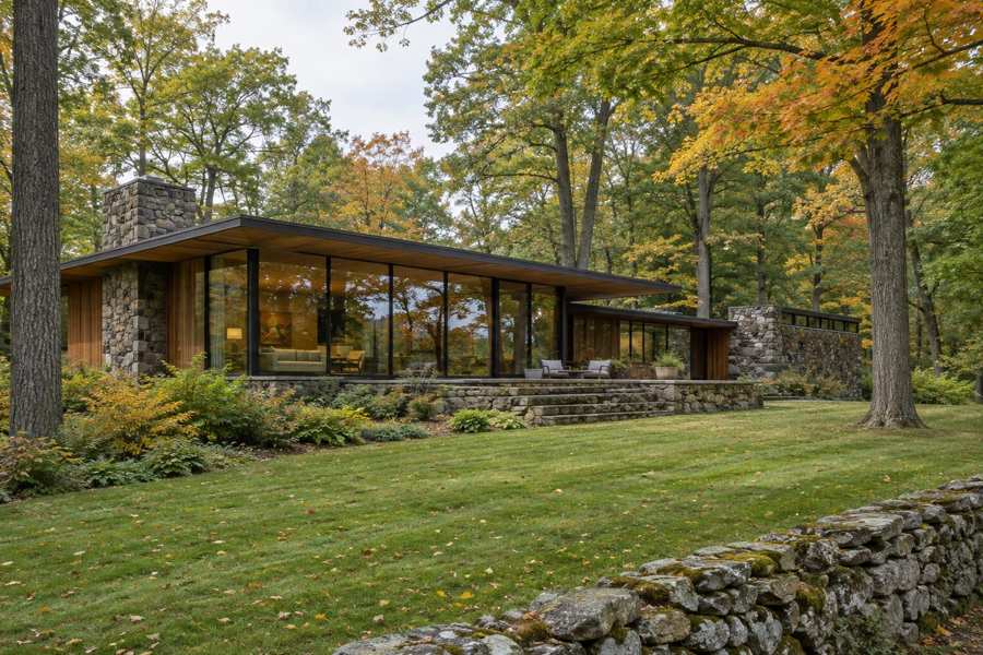 Illustrative low modern house with a flat overhanging roof, tall glass walls, cedar and fieldstone cladding, a stone terrace, mossy wall and autumn woodland.