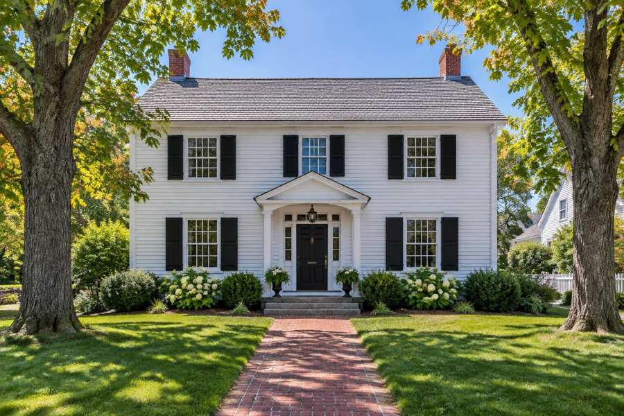 White clapboard colonial house with black shutters, a small gabled portico over a black front door, two brick chimneys, hydrangeas by the walls and a brick walkway, framed by two large maple trees in autumn color under a blue sky