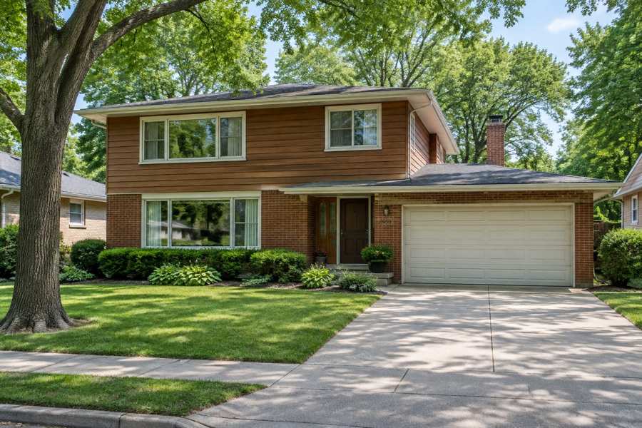 Two-story mid-century house with red brick on the ground floor, brown wood siding above, a large window, a dark front door and a two-car garage, on a lawn under large green trees in summer