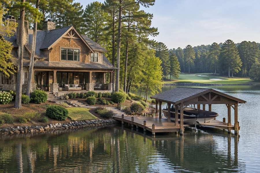 Generated illustration of a lake house with stone and shingle siding, a covered boat dock, pine trees and a golf fairway across the water. Not a verified Greensboro property or membership evidence.