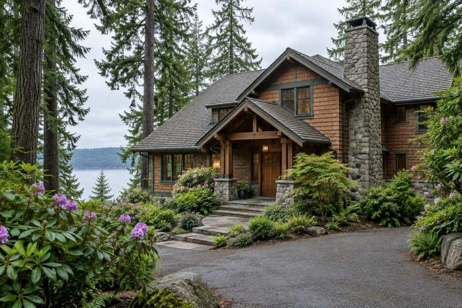 Illustrative shingled house with a timber entry porch, stone chimney, steps, flowering shrubs and tall conifers, with water in the background.