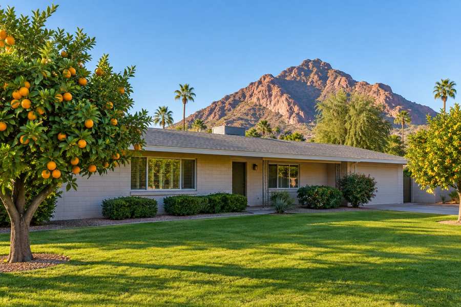 Generated illustration of a single-story ranch house, citrus trees and a mountain backdrop under a blue sky. Not a verified Arcadia property; no pool is shown.