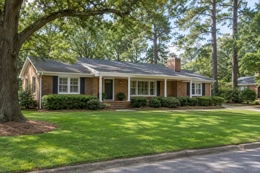 1960s brick ranch house with white trim and a wide front porch, set on a green lawn under large mature oak and pine trees