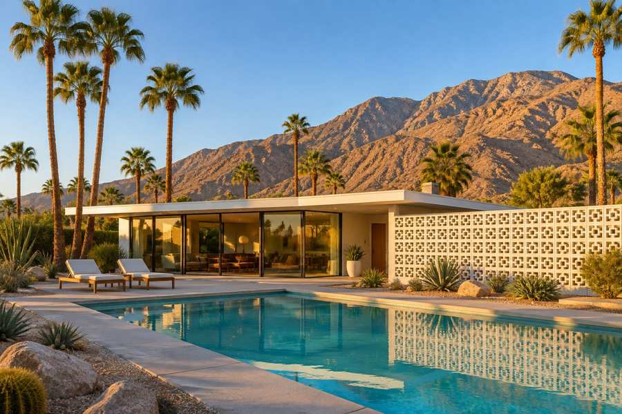 Mid-century modern single story house with a flat roof, a white breeze block wall and floor to ceiling glass, beside a turquoise pool with lounge chairs, date palms and barrel cactus, with bare desert mountains behind at golden hour