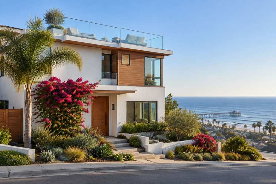 Modern white two-story coastal house with wood paneling, a glass balcony railing and a flowering pink bougainvillea beside a palm tree, with a fishing pier and the blue ocean in the distance